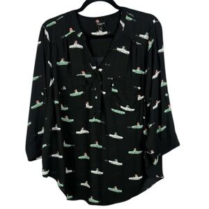 Torrid Harper Black Dogs Vintage Car All Over Print Roll-up Sleeve Large Blouse